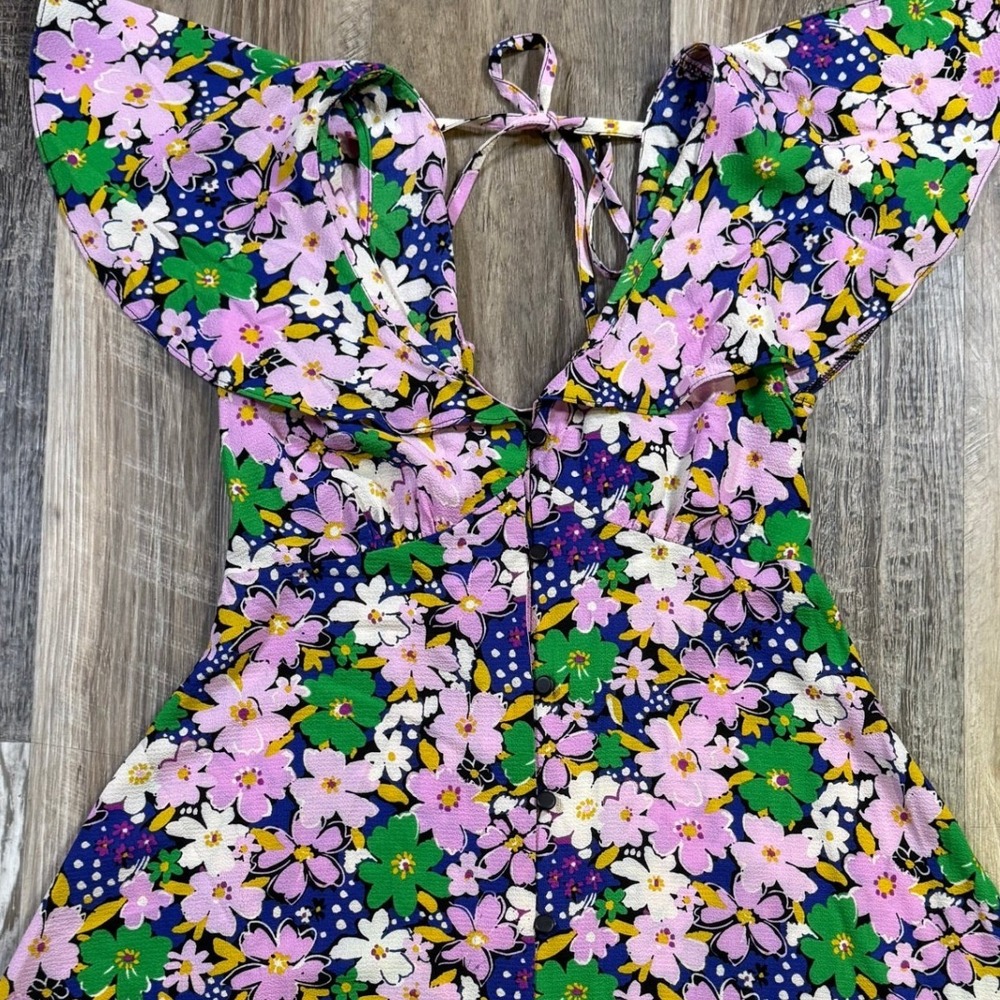 NWT ASOS Dress Women 4 Purple Flutter Sleeve Mini Tea Dress Buttons Floral Multi